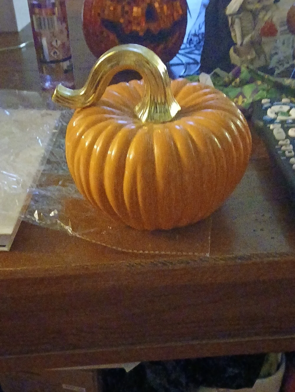 Ceramic Pumpkin with Gold Stem - Orange Accent